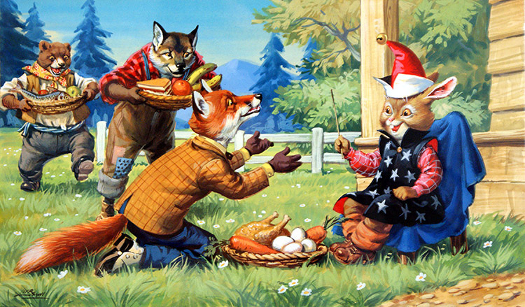 Brer Bear, Brer Fox and Brer Wolf are tricked by Brer Rabbit (Original) (Signed) by Virginio Livraghi Art at The Illustration Art Gallery