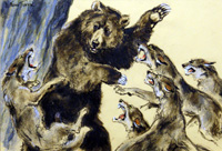 Bear Attacked by Wolves (Original) (Signed)